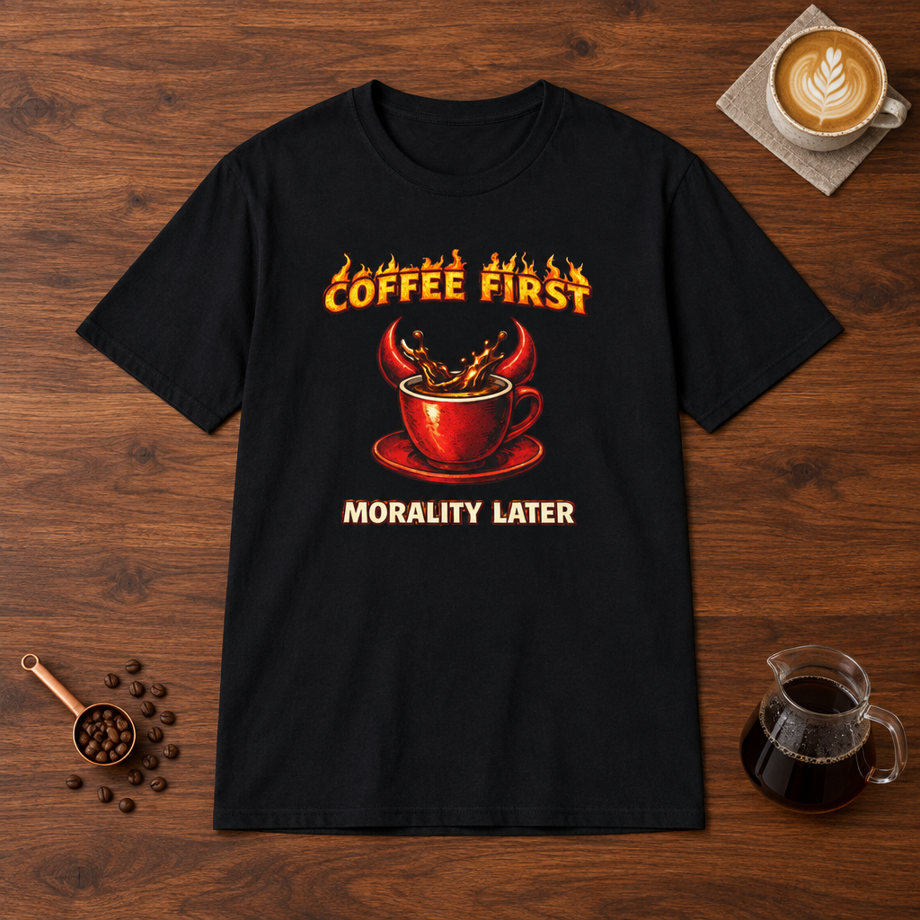 Coffee First Morality Later red cup T-Shirt Black flat lay on walnut coffee bar