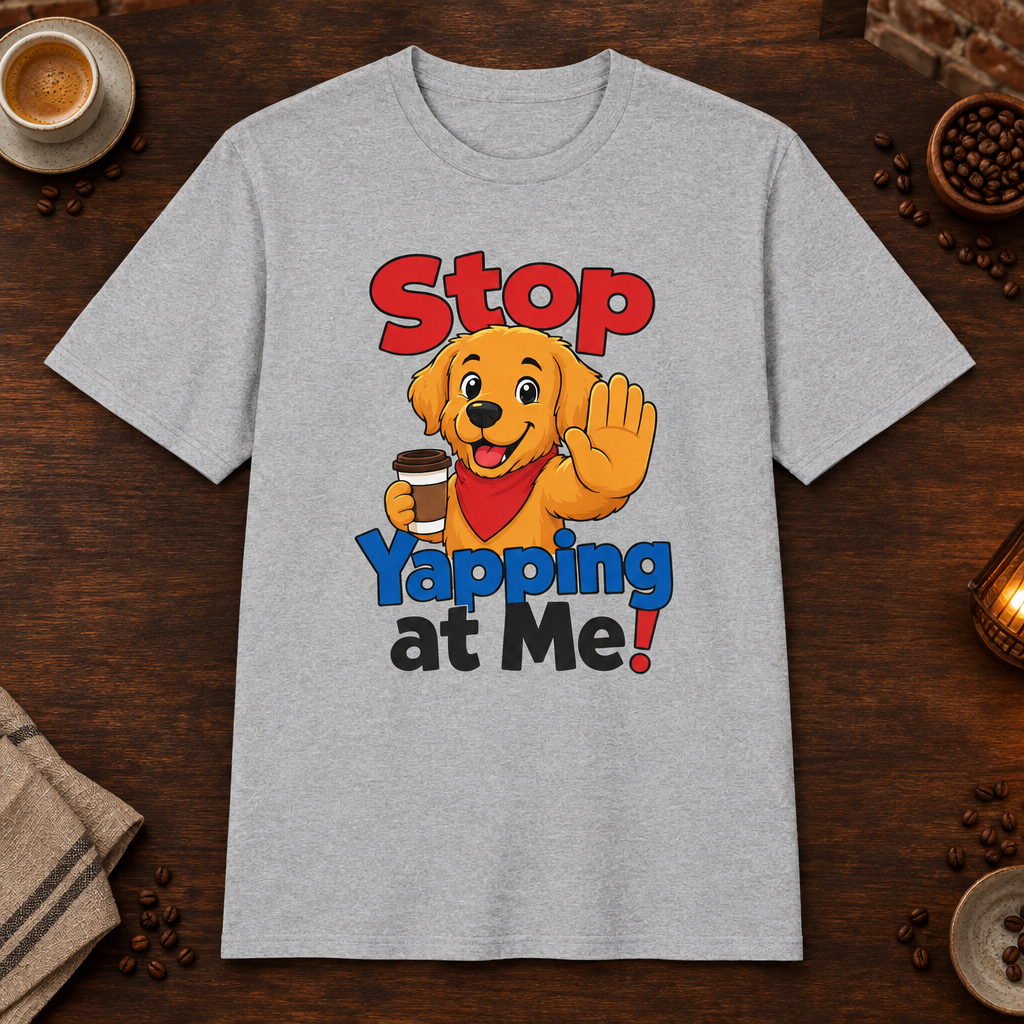 Stop Yapping at Me T-Shirt in Sport Grey, coffee bar flat lay mockup