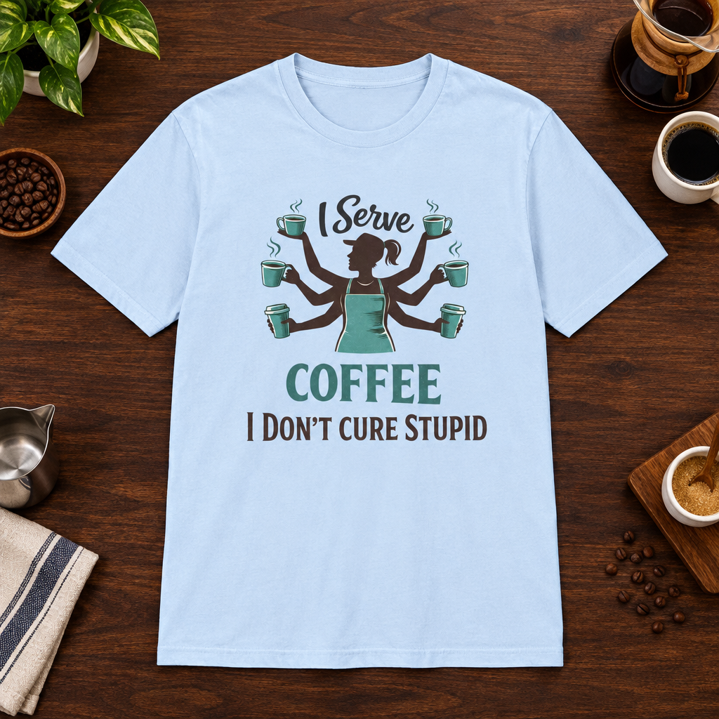 I Serve Coffee T-Shirt Light Blue short-sleeve coffee-bar flat lay