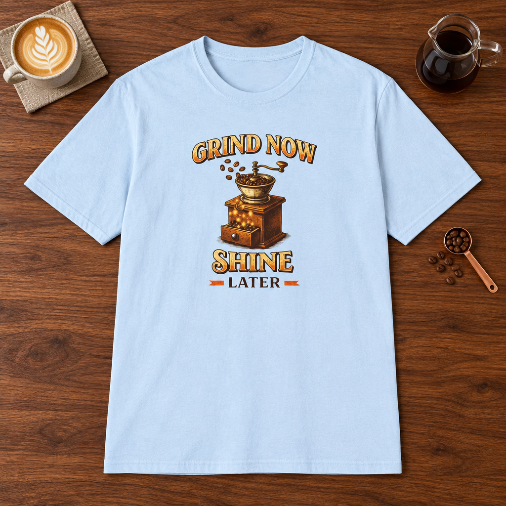 Grind Now Shine Later T-Shirt Light Blue coffee bar mockup