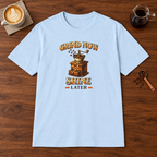 Grind Now Shine Later T-Shirt Light Blue coffee bar mockup