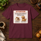 Espresso and Puppies T-Shirt Maroon short-sleeve coffee-bar flat lay