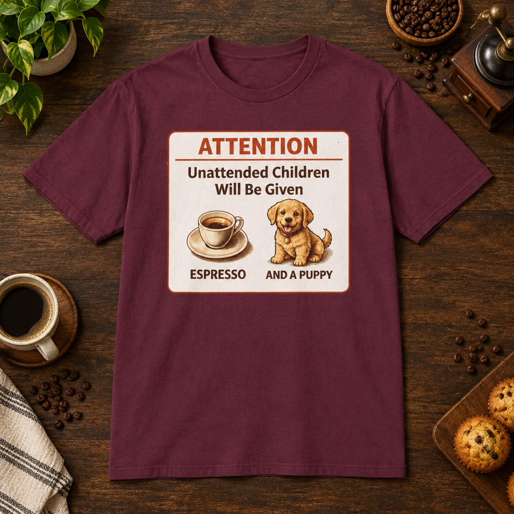 Espresso and Puppies T-Shirt Maroon short-sleeve coffee-bar flat lay