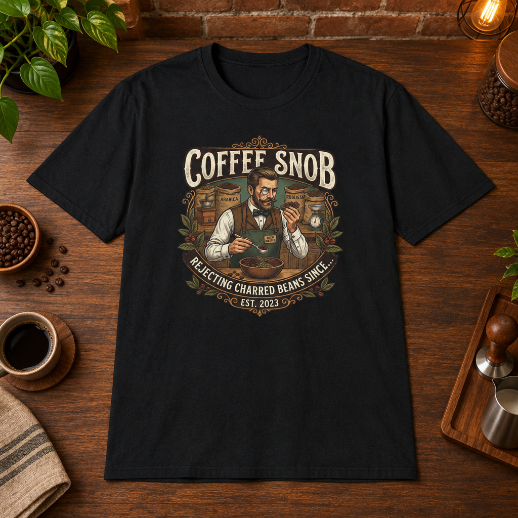 Coffee Snob Male T-Shirt Black short-sleeve coffee-bar flat lay