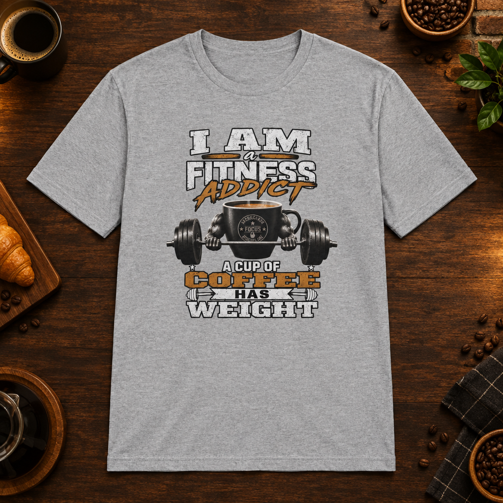 I Am a Fitness Addict T-Shirt in Sport Grey, coffee bar flat lay mockup