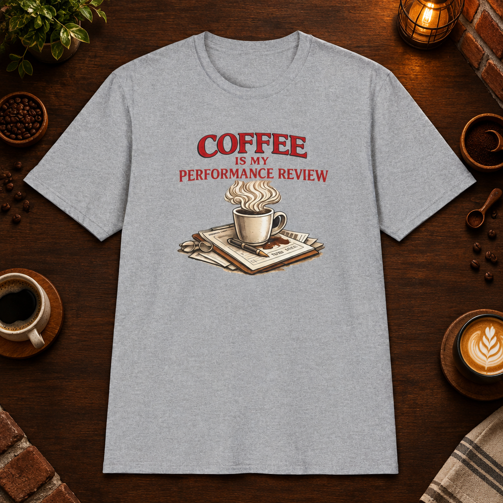 Coffee is My Performance Review T-Shirt in Sport Grey, zoomed lifestyle mockup