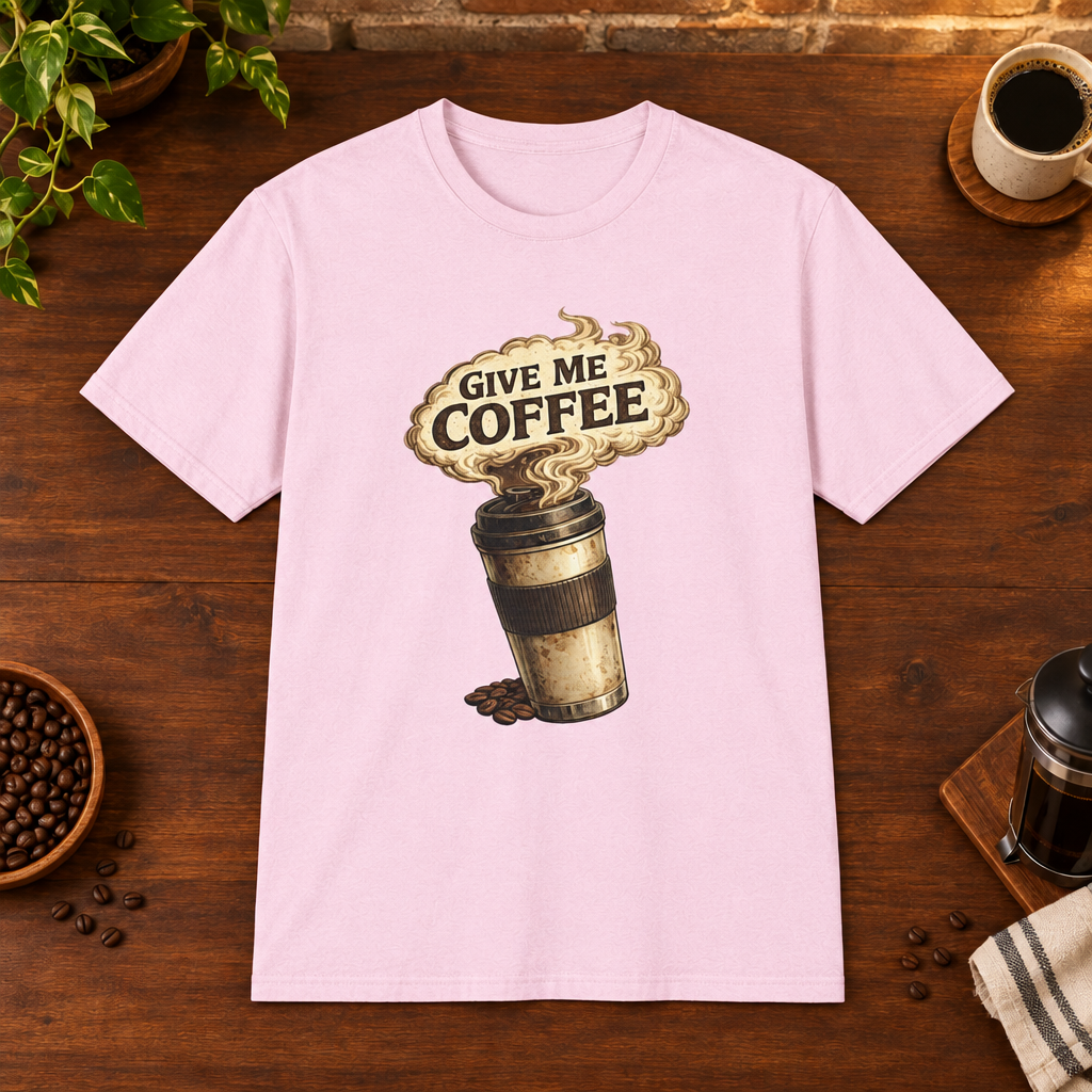 Give Me Coffee T-Shirt Light Pink coffee-bar flat lay, consistent framing