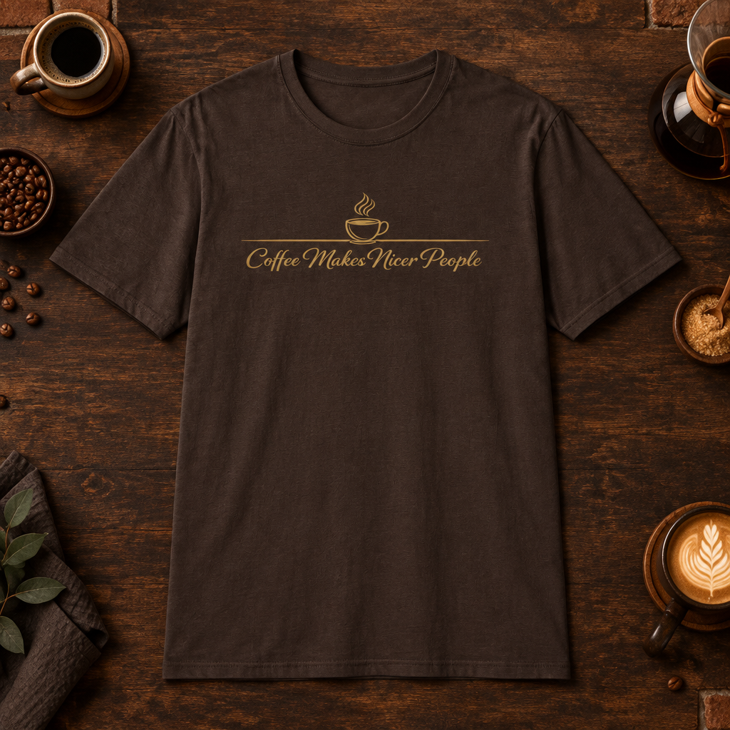 Nicer People T-Shirt in Dark Chocolate, coffee bar flat lay mockup