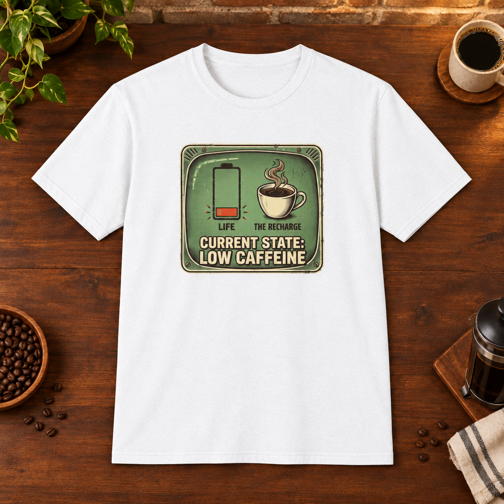 Current State T-Shirt White coffee-bar flat lay, Sport Grey-matched framing