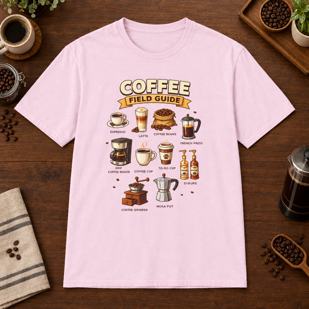 Coffee Field Guide T-Shirt Light Pink short-sleeve coffee-bar flat lay