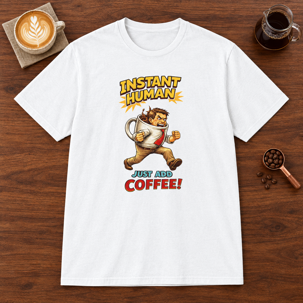 Instant Man T-Shirt White coffee bar mockup