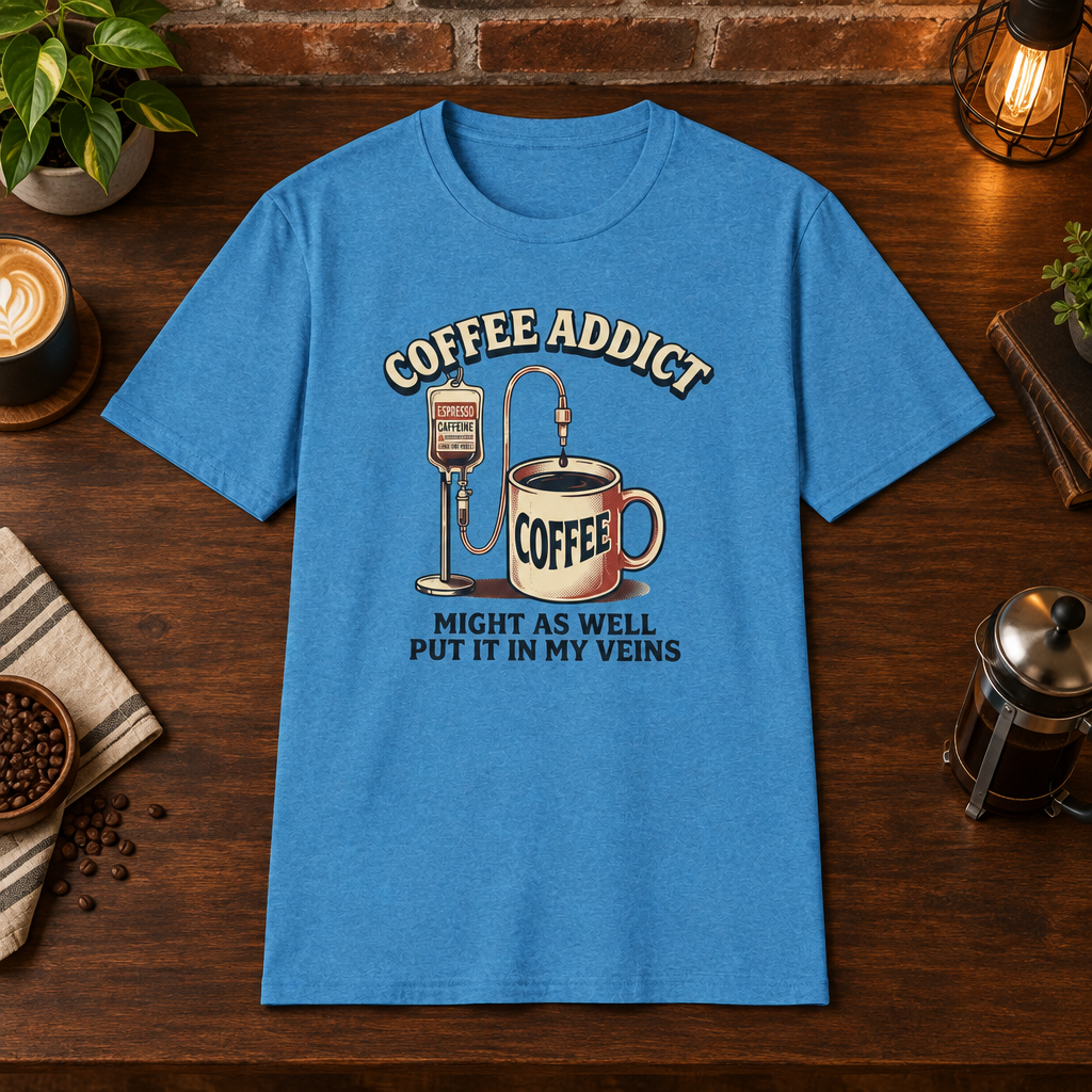 Coffee Addict T-Shirt Heather Sapphire short-sleeve coffee-bar flat lay