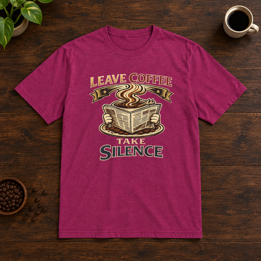 Leave Coffee Take Silence T-Shirt Antique Heliconia coffee-bar flat lay