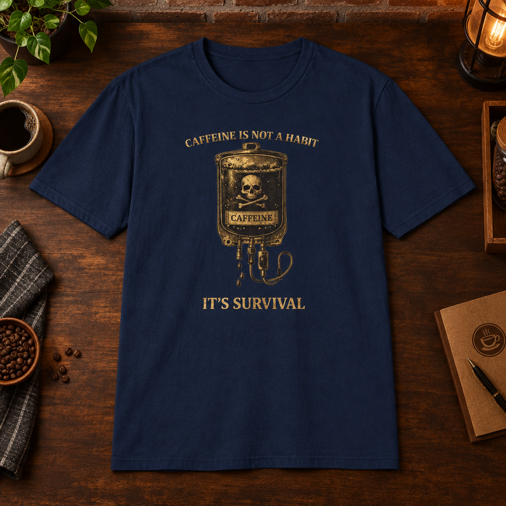 Caffeine Is Not A Habit T-Shirt Navy close-fill short-sleeve warm coffee-bar flat lay