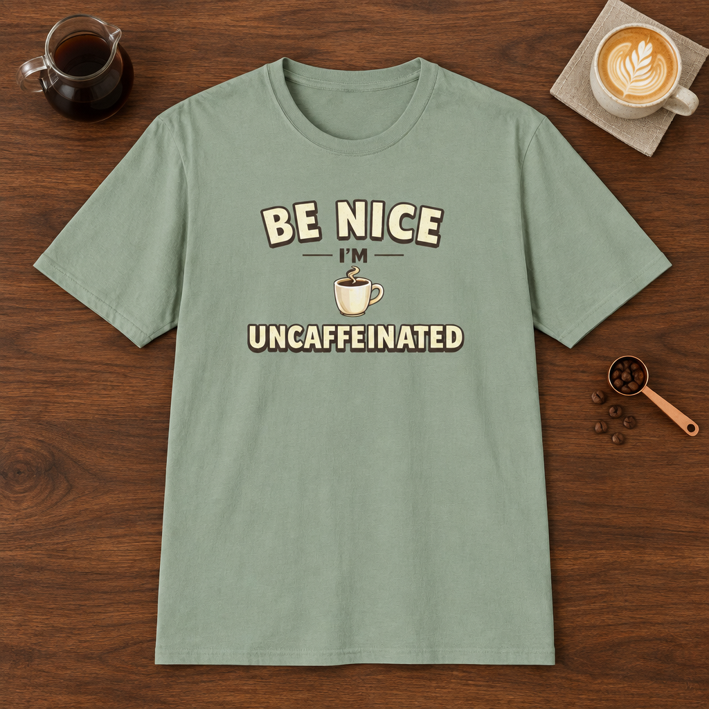 Be Nice I'm Uncaffeinated T-Shirt Sage coffee bar mockup
