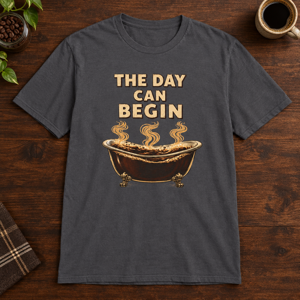 The Day Can Begin T-Shirt Charcoal coffee-bar flat lay