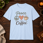 Peace, Love and Coffee T-Shirt in Light Blue, coffee bar flat lay mockup