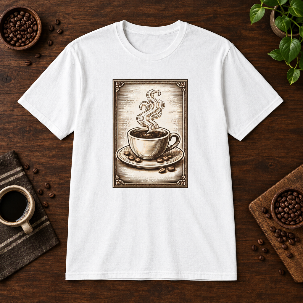 Coffee Woodcut T-Shirt White short-sleeve coffee-bar flat lay