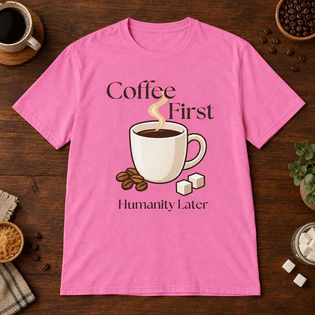 Coffee First T-Shirt Azalea on warm coffee bar