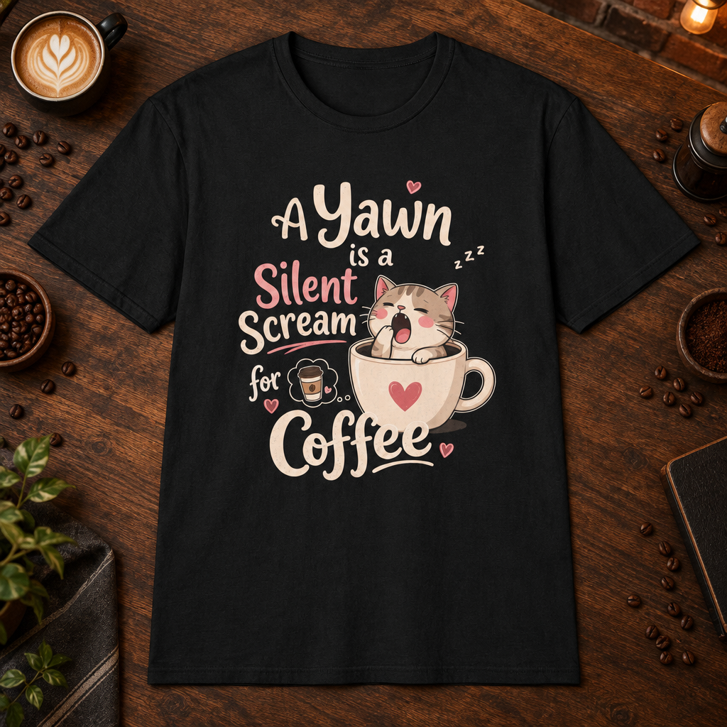 A Kitten’s Yawn T-Shirt in Black, overhead coffee-bar flat-lay mockup