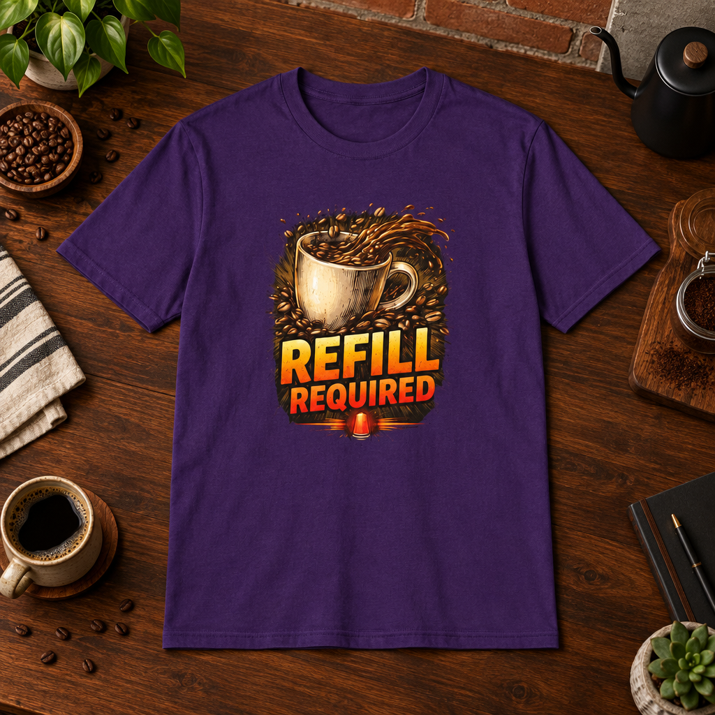 Refill Required T-Shirt Purple close-fill short-sleeve coffee-bar flat lay