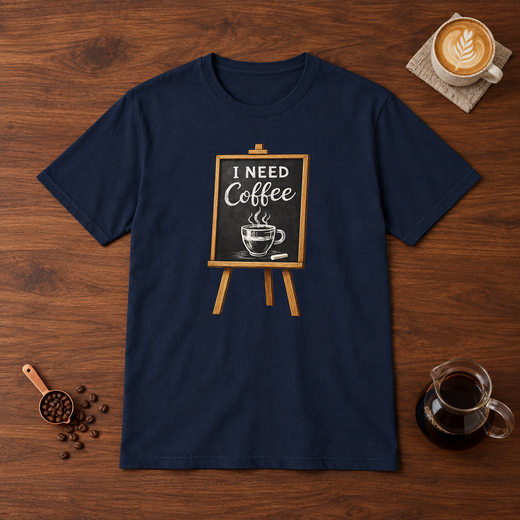 I Need Coffee T-Shirt Navy flat lay on walnut coffee bar