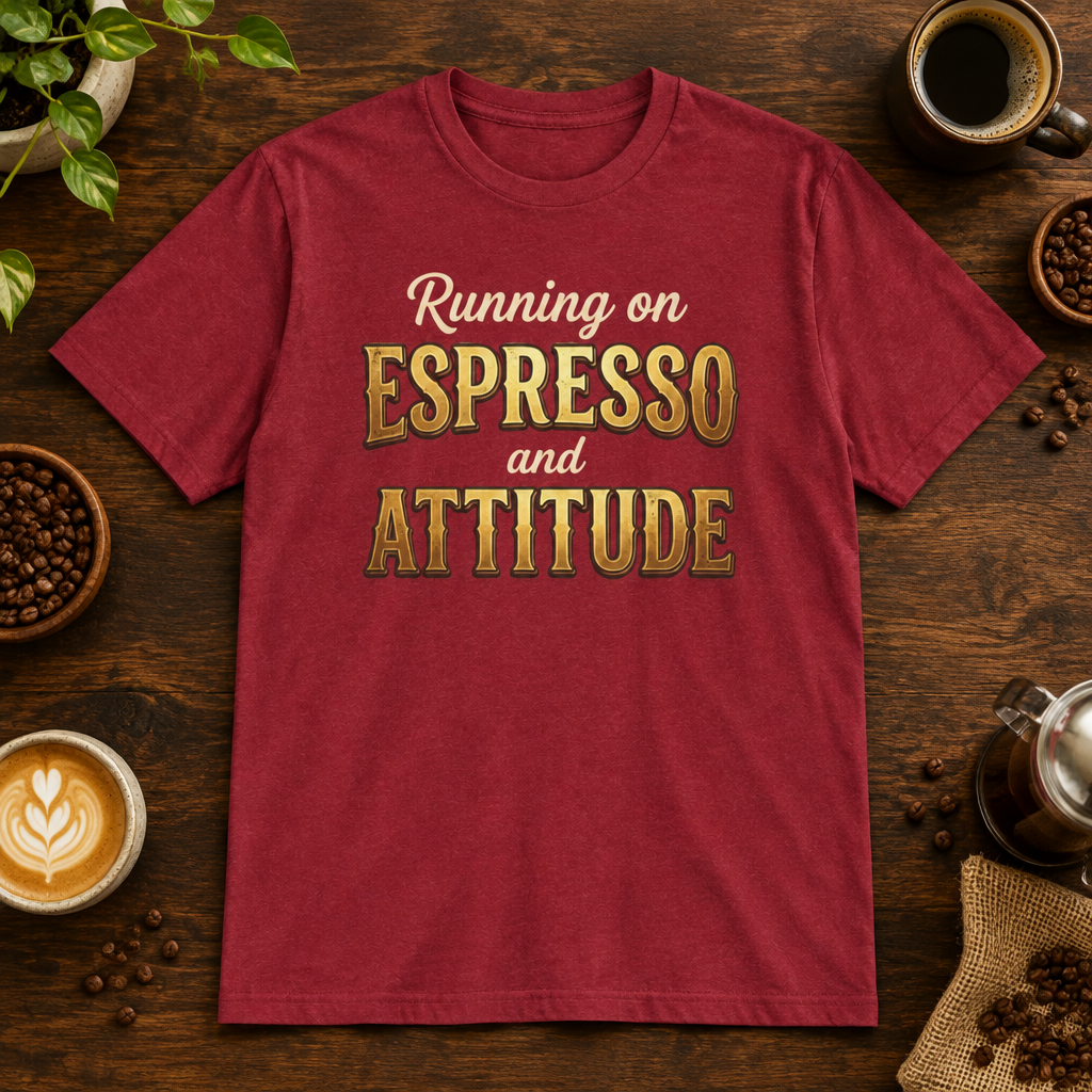 Running of Espresso and Attitude T-Shirt Antique Cherry Red coffee-bar flat lay