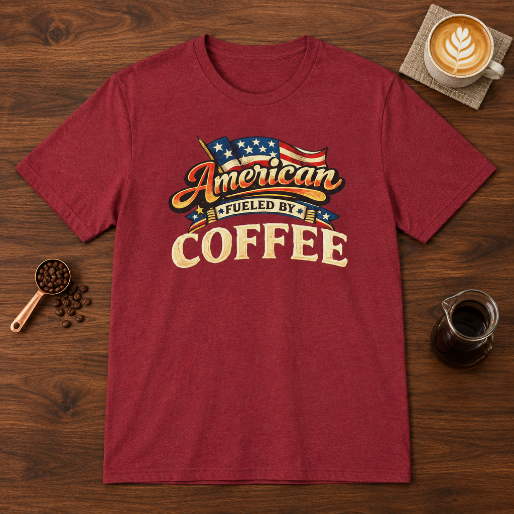 Fueled by Coffee T-Shirt Antique Cherry Red coffee bar mockup