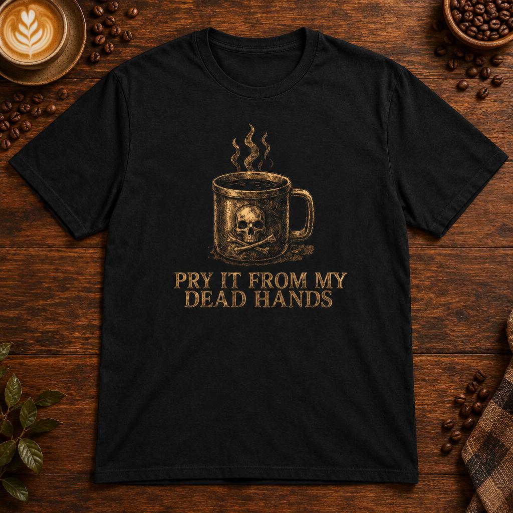 Pry It From MY Dead Hands T-Shirt Black on a warm coffee bar