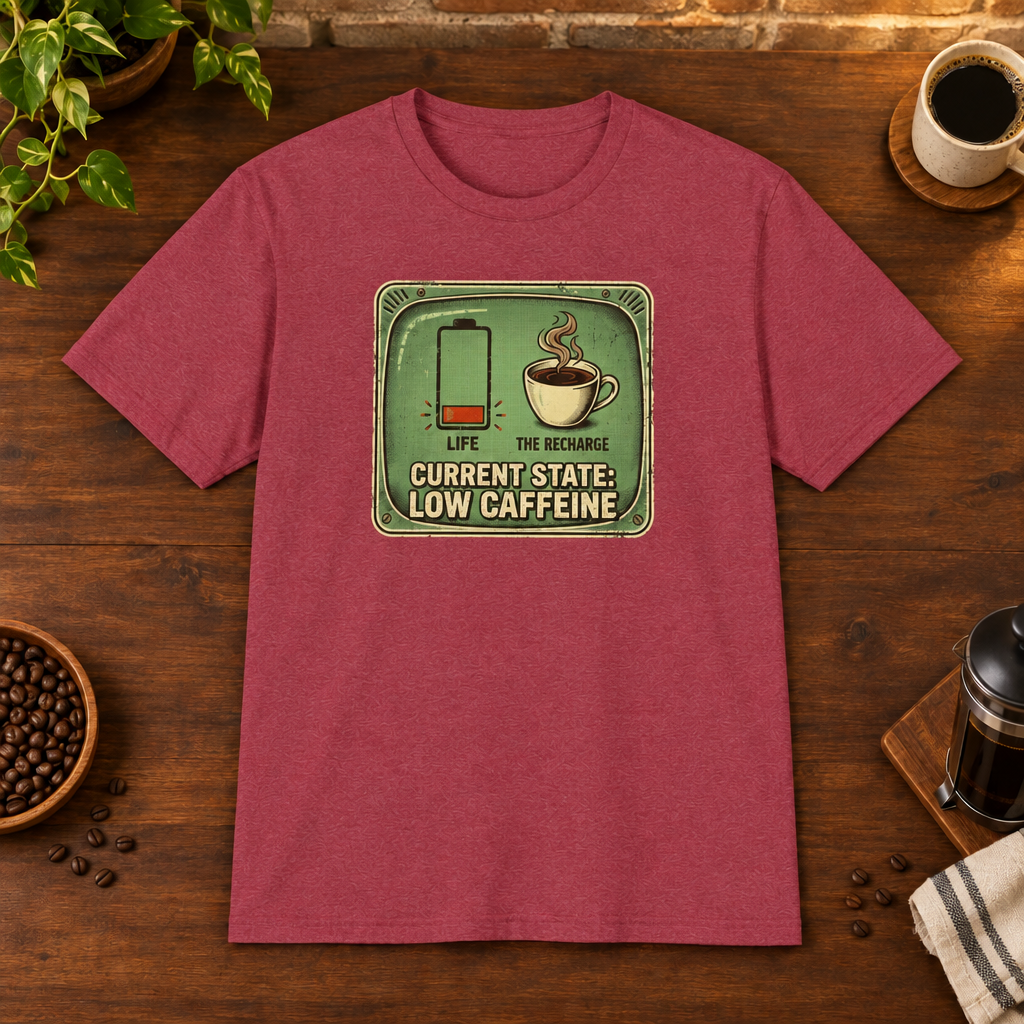 Current State T-Shirt Heather Cardinal coffee-bar flat lay, Sport Grey-matched framing