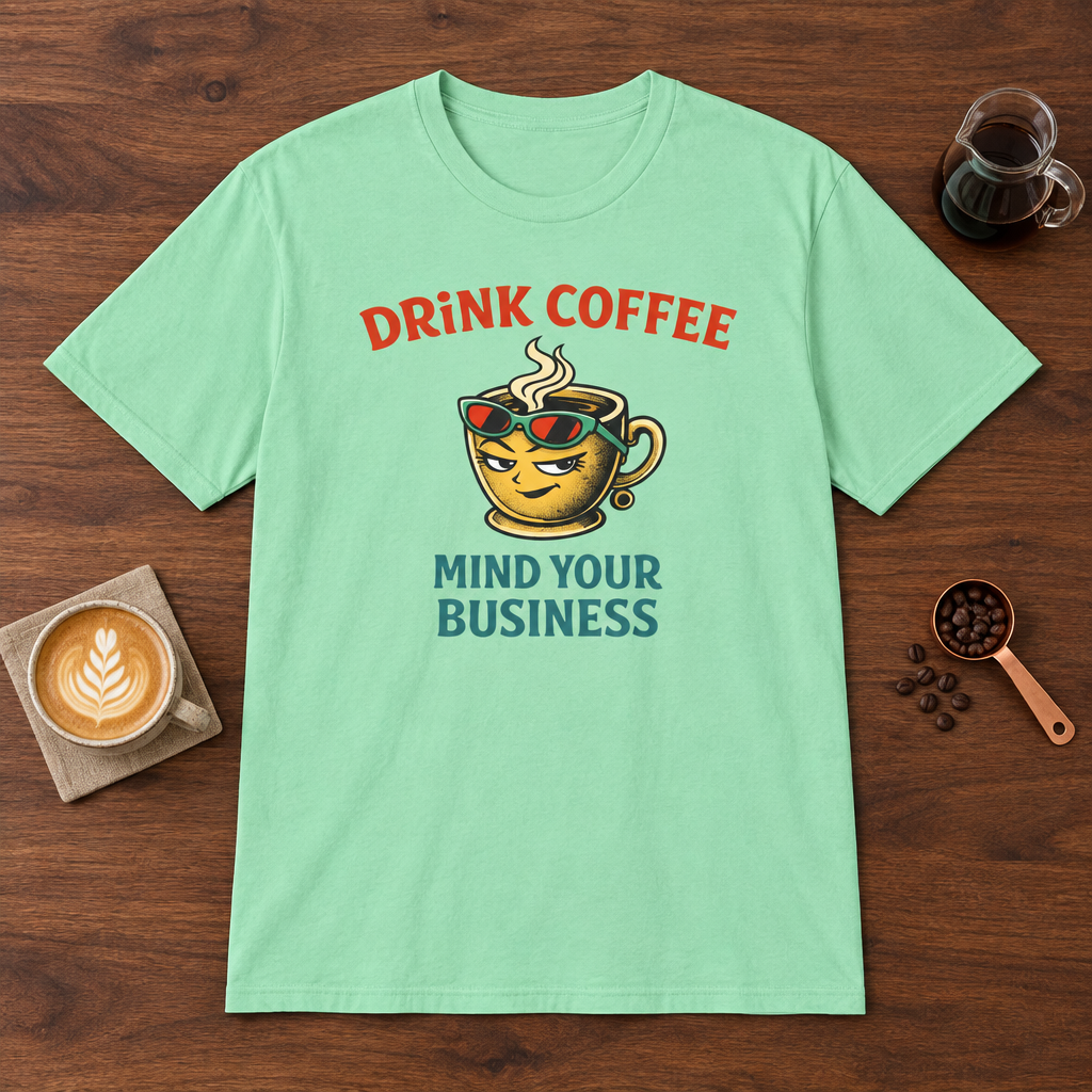 Drink Coffee Mind Your Business T-Shirt Mint Green coffee bar mockup