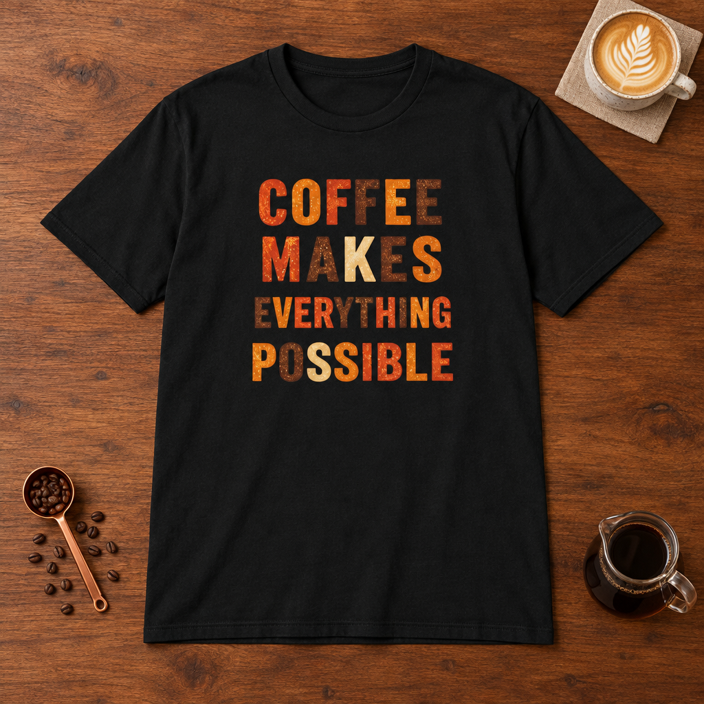 Coffee Makes Everything Possible text print T-Shirt Black flat lay on walnut coffee bar