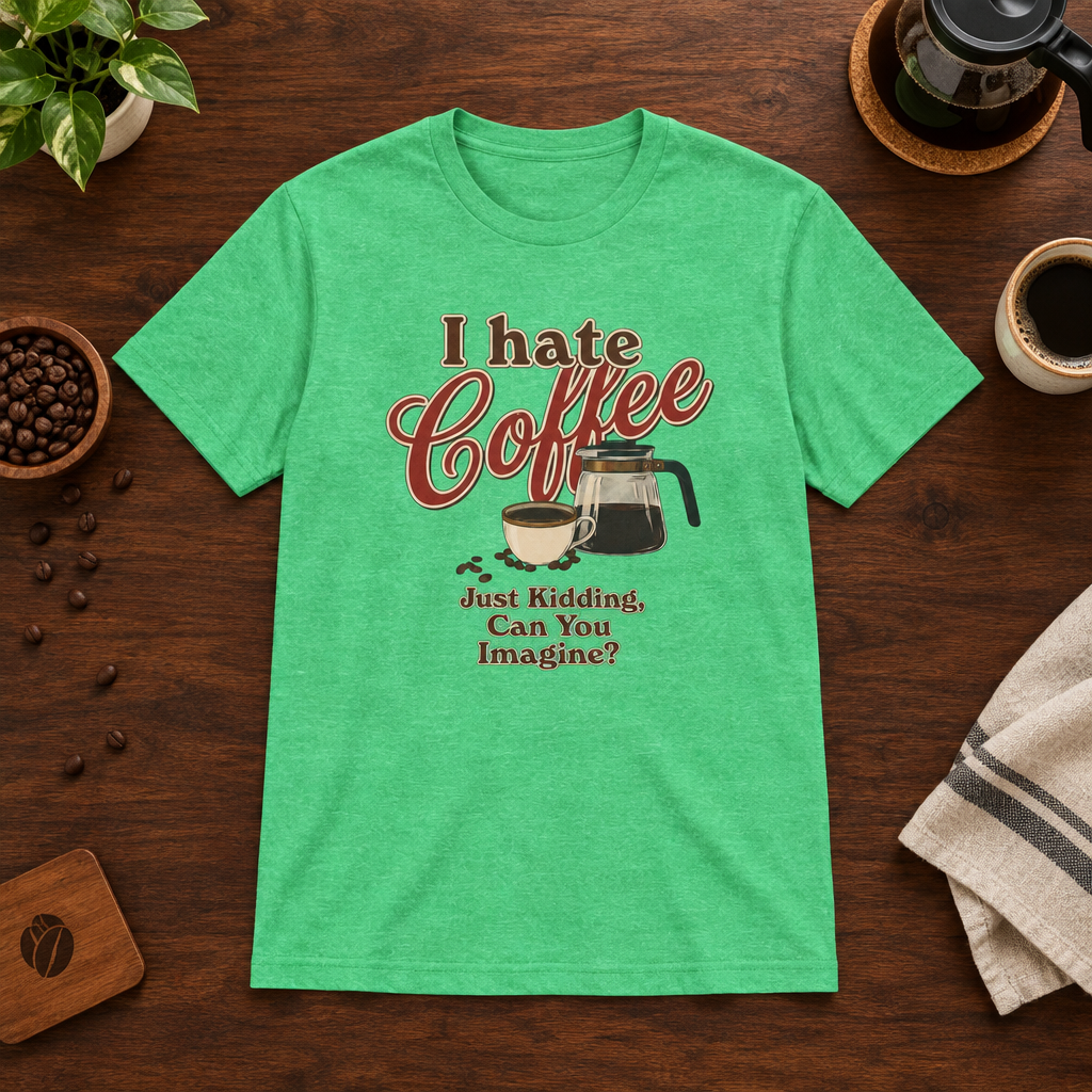 I Hate Coffee T-Shirt Heather Irish Green coffee-bar flat lay