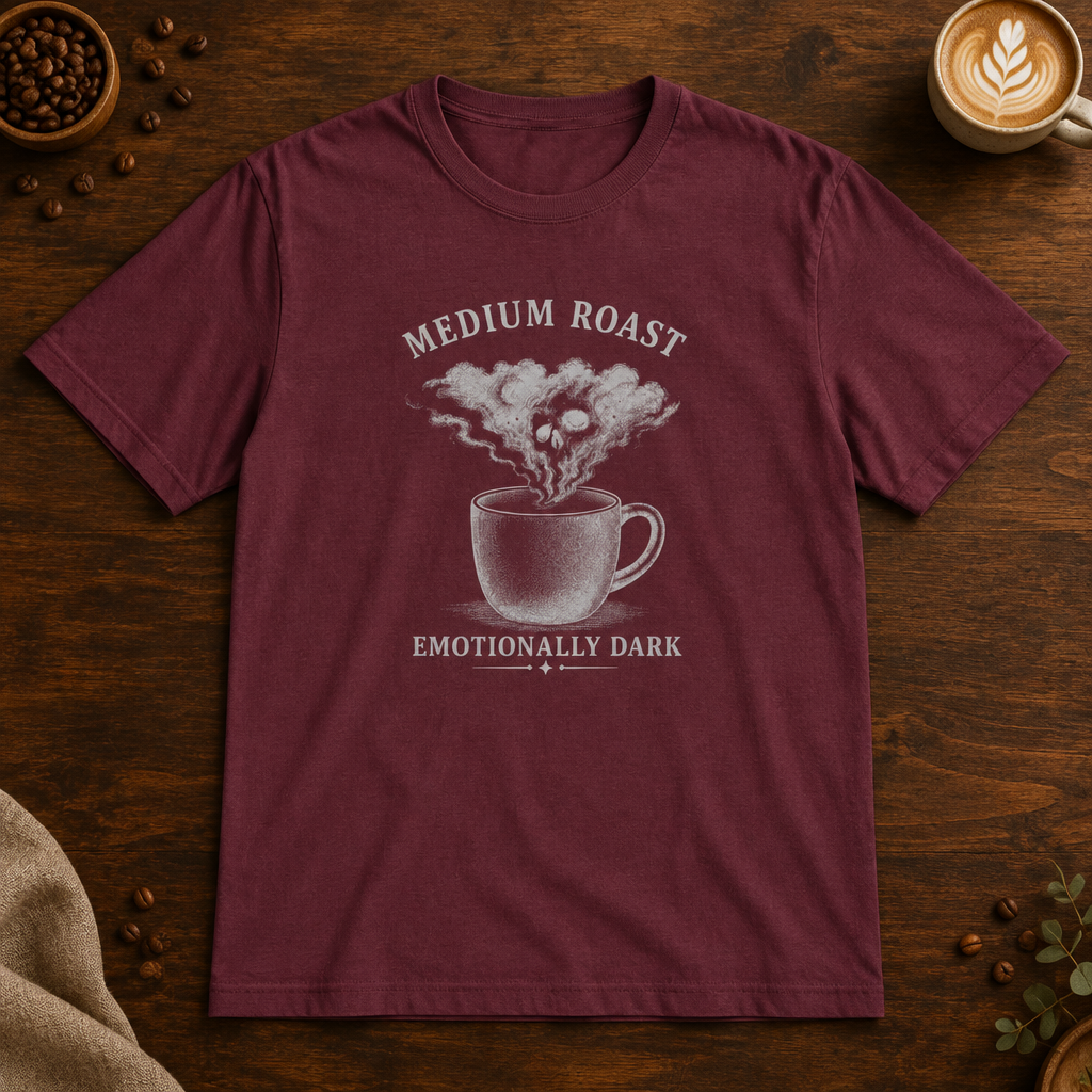 Medium Roast T-Shirt in Maroon on a dark wood coffee bar