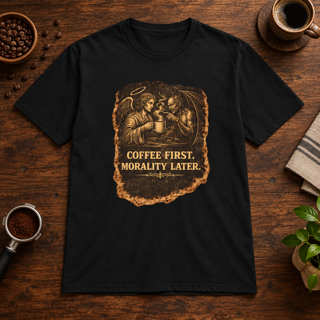 Heaven and Hell T-Shirt Black short-sleeve coffee-bar flat lay