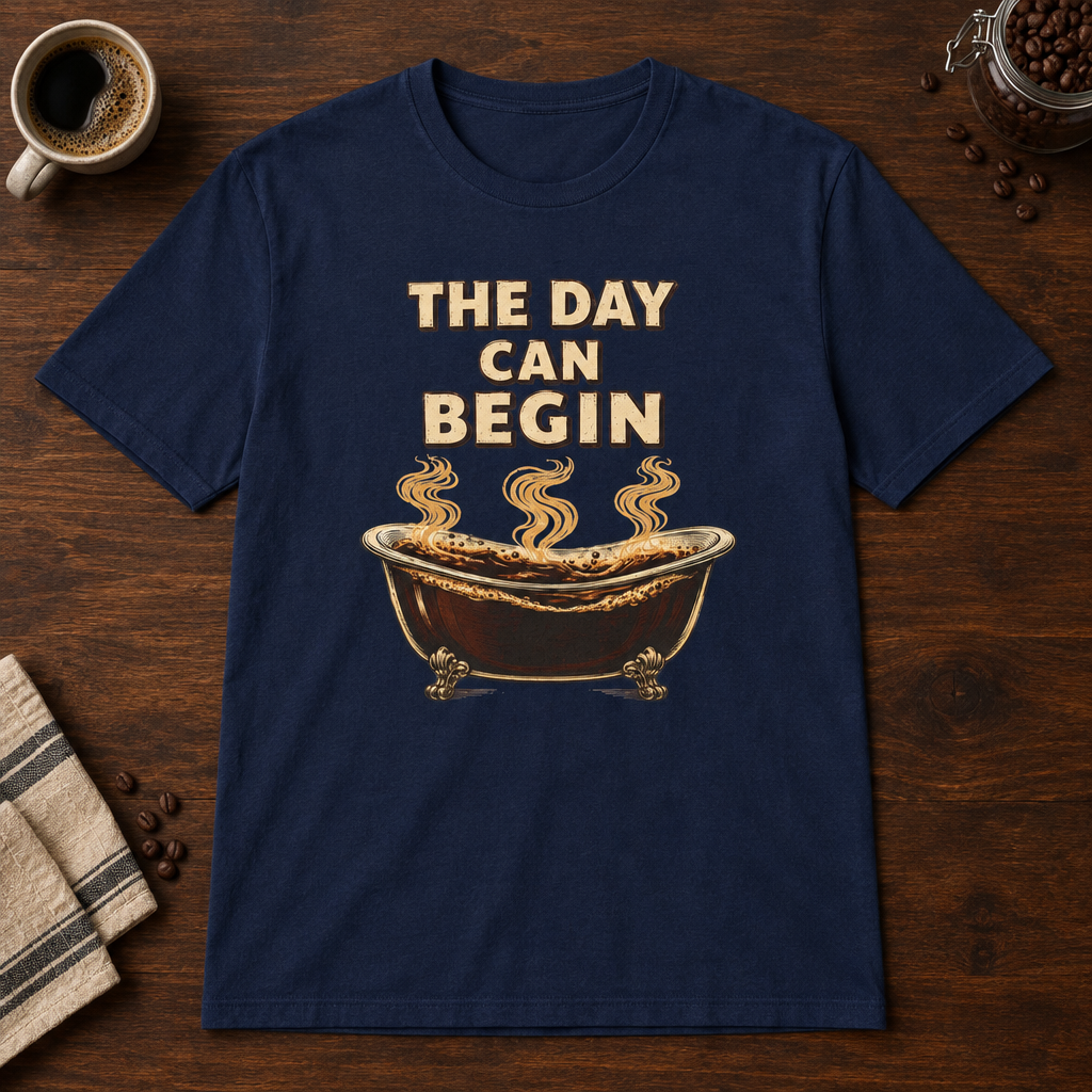 The Day Can Begin T-Shirt Navy coffee-bar flat lay