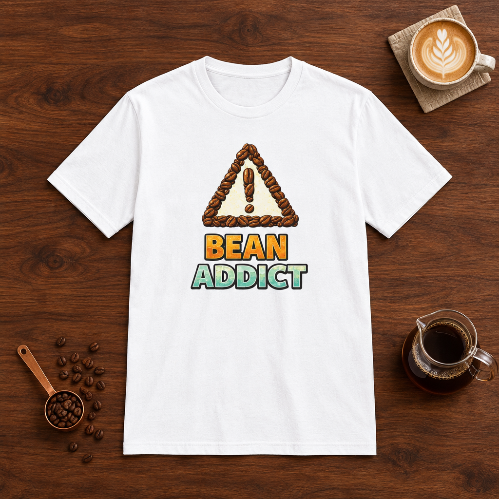 Bean Addict T-Shirt White flat lay on walnut coffee bar