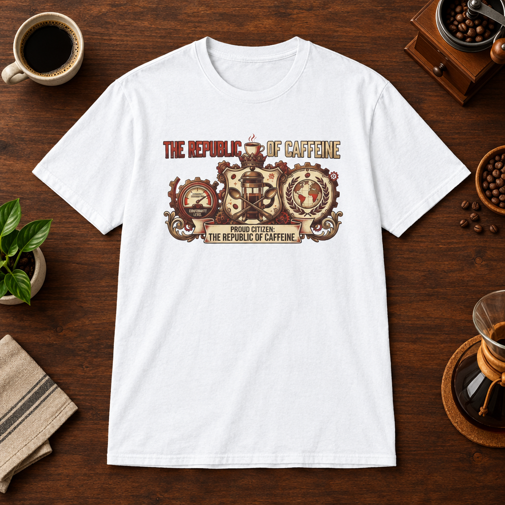 Republic of Caffeine T-Shirt White short-sleeve coffee-bar flat lay