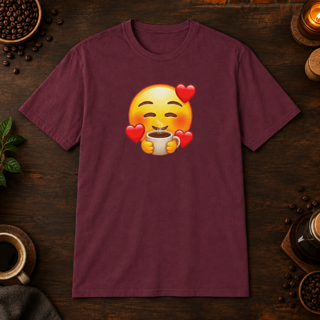 Coffee Lover T-Shirt in Maroon, coffee bar flat lay mockup