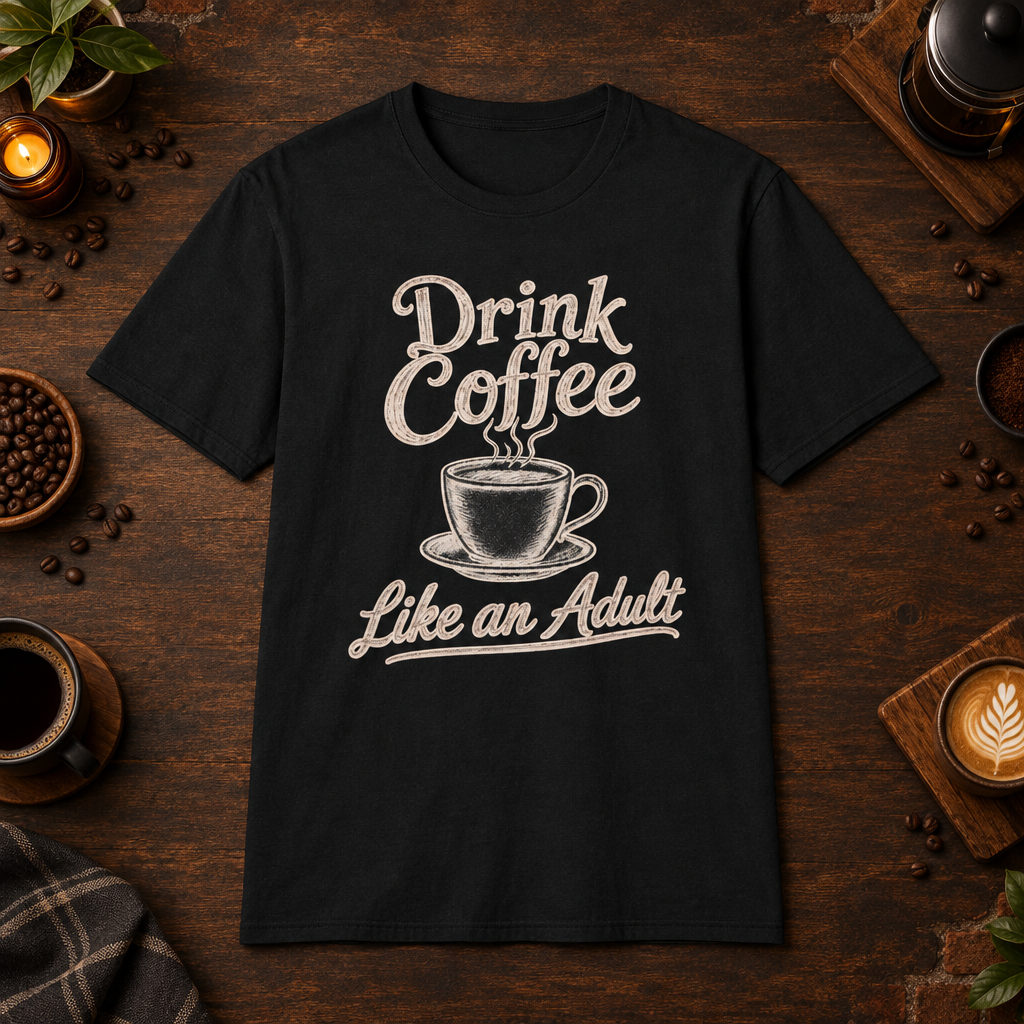 Drink Coffee Like an Adult T-Shirt in Black, coffee bar flat lay mockup