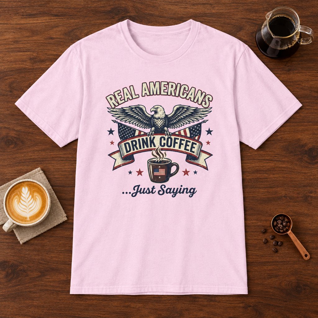 Real Americans T-Shirt Light Pink coffee bar mockup