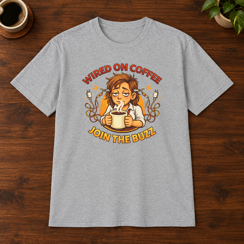 Wired on Coffee T-Shirt Sport Grey close-fill short-sleeve coffee-bar flat lay