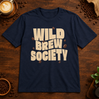 Wild Brew Society T-Shirt Navy on a warm coffee bar