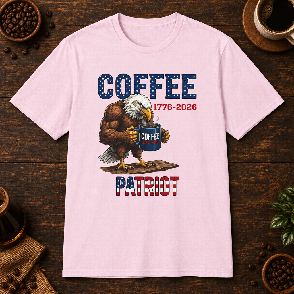 Coffee Patriot T-Shirt in Light Pink, overhead coffee-bar flat-lay mockup
