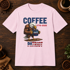 Coffee Patriot T-Shirt in Light Pink, overhead coffee-bar flat-lay mockup