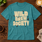 Wild Brew Society T-Shirt Heather Galapagos Blue on a warm coffee bar