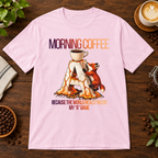 Morning Coffee T-Shirt Light Pink on warm coffee bar