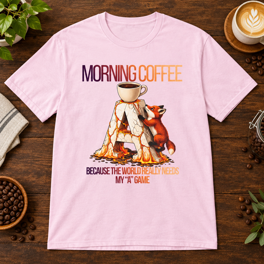 Morning Coffee T-Shirt Light Pink on warm coffee bar
