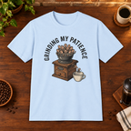 Grinding My Patience T-Shirt Light Blue coffee-bar flat lay, consistent framing