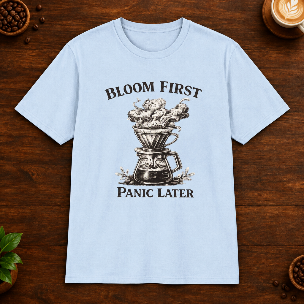Bloom First T-Shirt in Light Blue on a wooden coffee-themed background